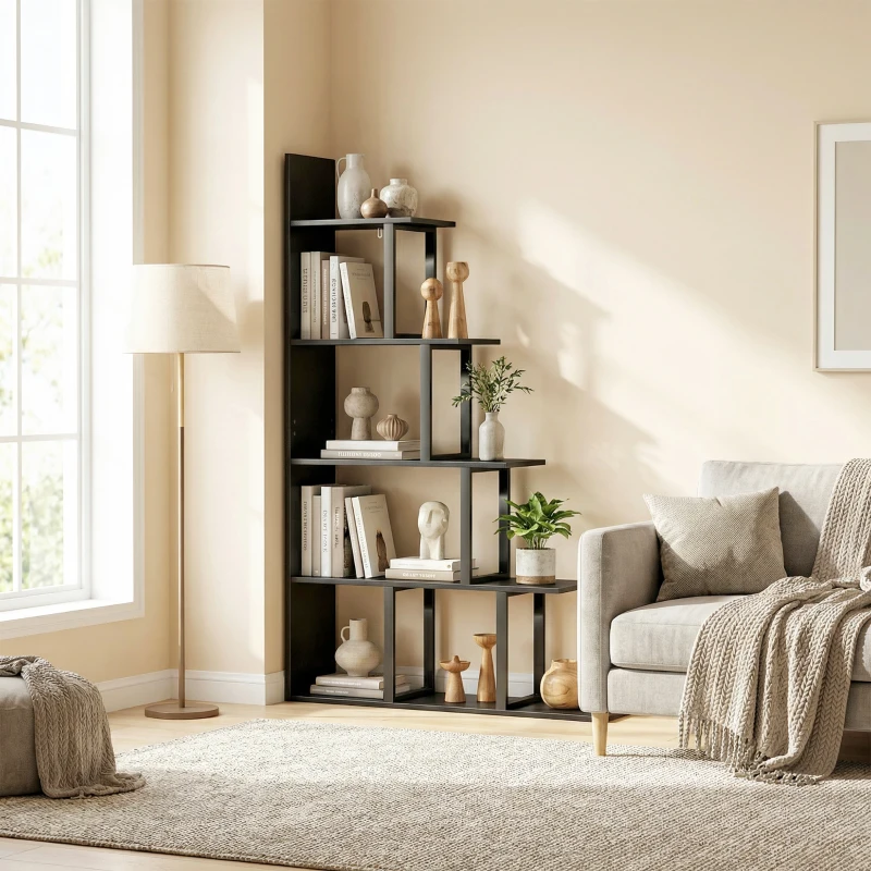 HOMCOM Étagère bibliothèque séparateur de pièce style industriel en escalier 5 étagères 102 x 30 x 160 cm coloris noir