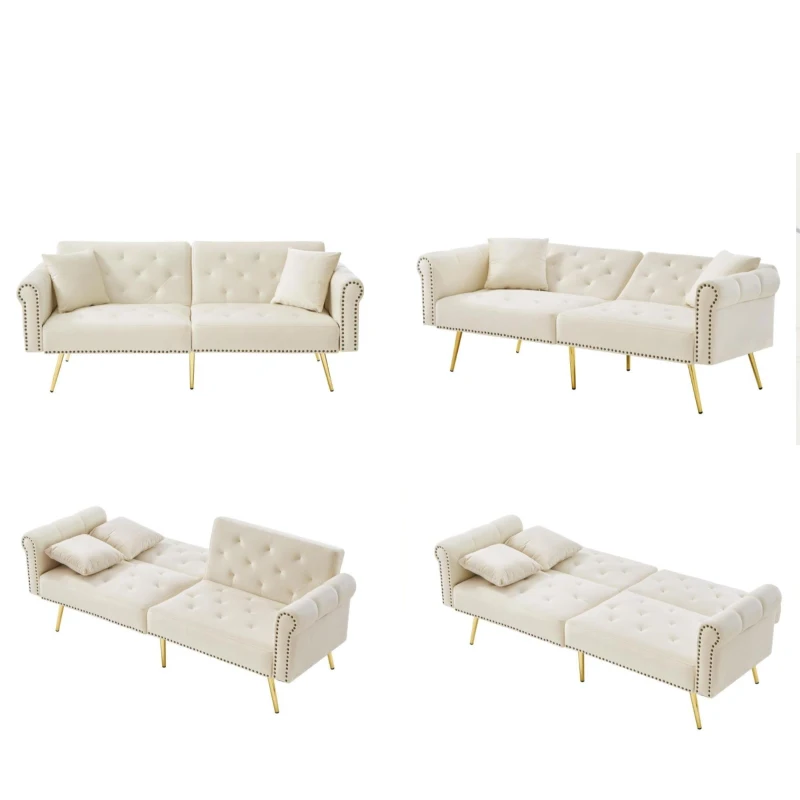 Divano letto 2 posti, rivestimento in velluto, piedi dorati, 173x75x70 cm, Beige