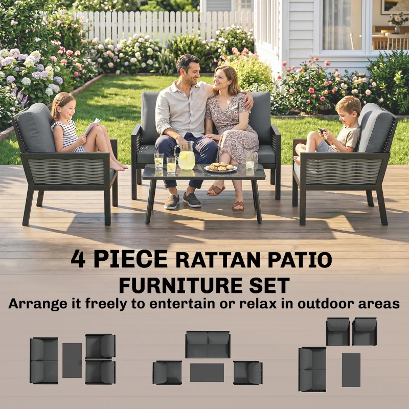 Outsunny 4 Seater Rattan Garden Furniture Set with 2 Armchairs, Loveseat, Coffee Table, Garden Sofa Set with Cushions, Dark Grey