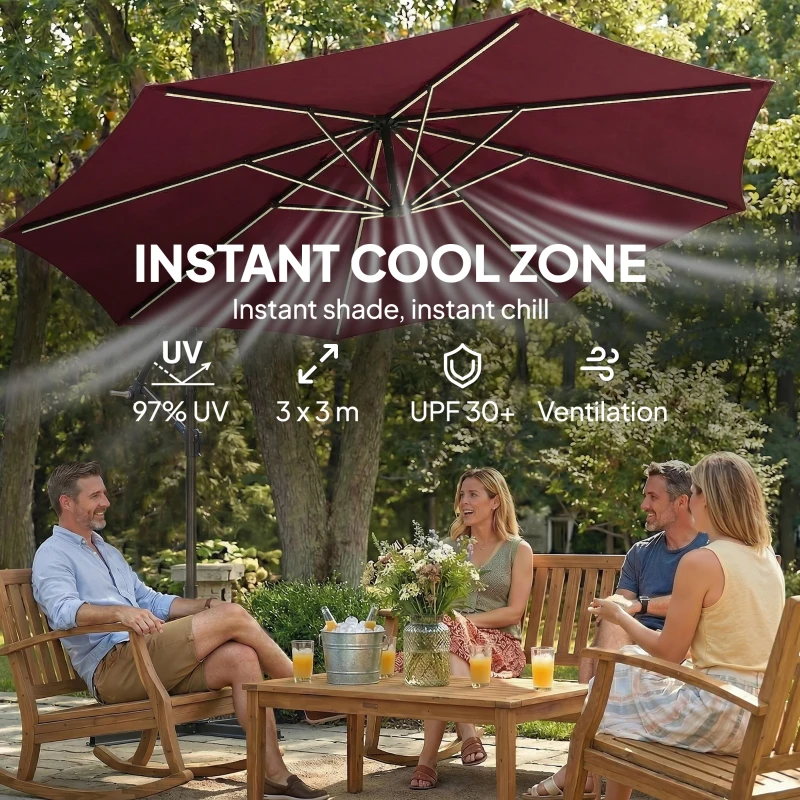 Outsunny 3 m Garden Cantilever Parasol with LED Solar Light, Round Overhanging Umbrella with 360° Rotation, Cover, Wine Red