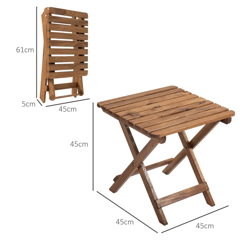 Outsunny Stolik pomocniczy na zewnątrz, 2 sztuki stolik ogrodowy, Składany stolik kempingowy z drewna, Stolik do ogrodu, balkonu, Teak, 45 x 45 x 45 cm