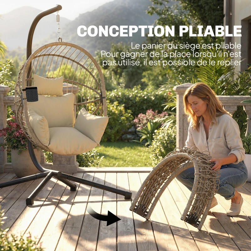 Outsunny Fauteuil Œuf Suspendu, Chaise Hamac Balançoire Intérieur et Extérieur, Panier Pliable, Coussin Rembourré, Kaki