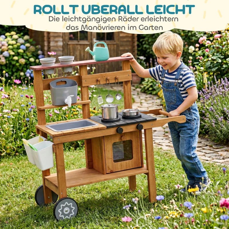 AIYAPLAY Drewniana zewnętrzna kuchnia do zabawy w błocie dla dzieci z kranem, zlewem i skrzynką na rośliny, kółkami i schowkiem, 3-6 lat, brązowa