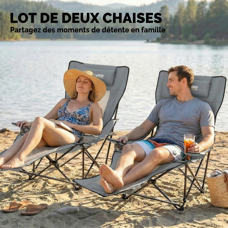 Outsunny Lot de 2 Chaises de Camping Pliante Inclinable 4 Positions, Repose-Pieds Amovible, Porte-Gobelet, 165x80x90cm, Gris