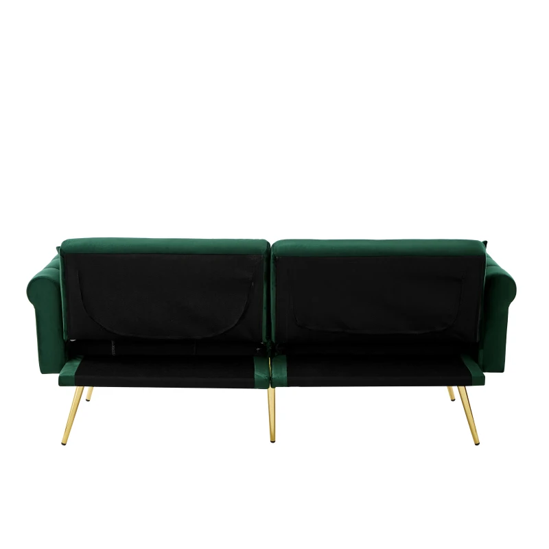 Divano letto 2 posti, rivestimento in velluto, piedi dorati, 173x75x70 cm, Verde