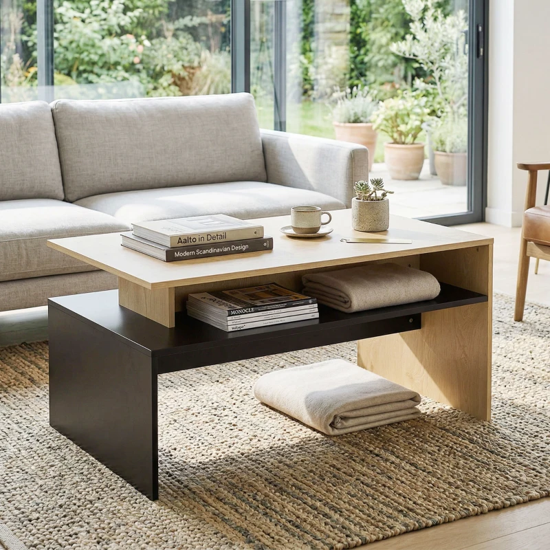 HOMCOM Moderner zweifarbiger Couchtisch mit versetzten Ebenen und Ablagefach, 95 x 55 x 50 cm, Naturholz und Schwarz