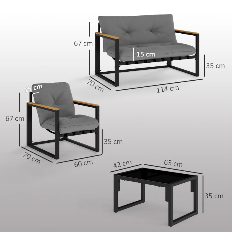 Outsunny Garden Furniture Set, 4 Piece Indoor Outdoor Conservatory with Loveseat Sofa, Armchairs, Glass Top Coffee Table, Cushions for Balcony, Poolside, Patio, Light Grey