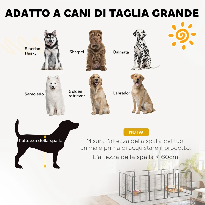 PawHut Recinto per Cani Pieghevole in Acciaio con Picchetti per Interni ed Esterni, 68 x 100 cm, 12 Pannelli, Nero