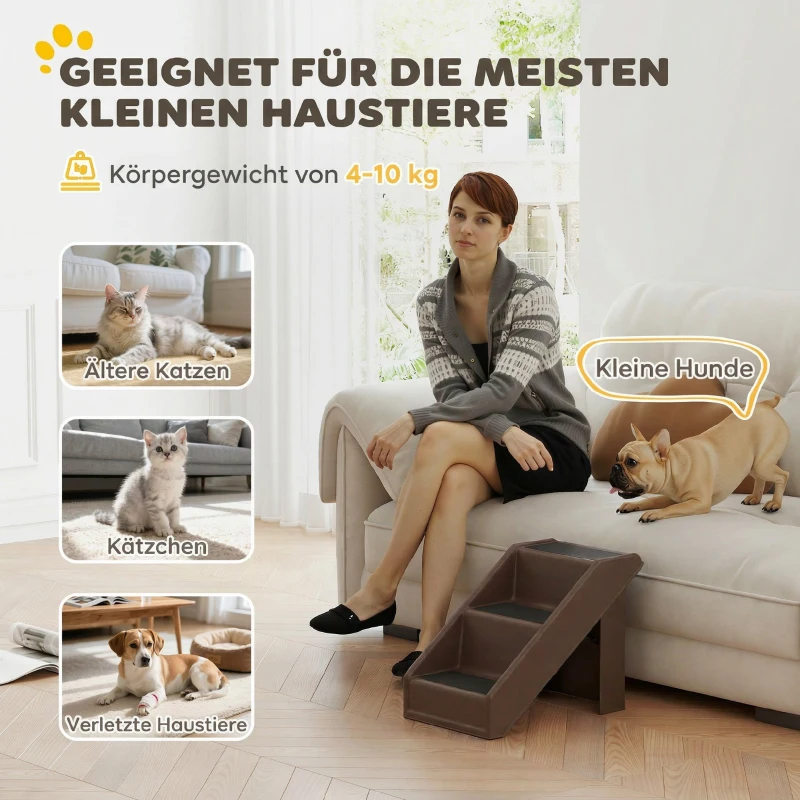 PawHut Hundetreppe 3 Stufen 36,5 cm Hoch Haustiertreppe für Kleine Hunde klappbar für Bett, Sofa, Couch Auto Braun