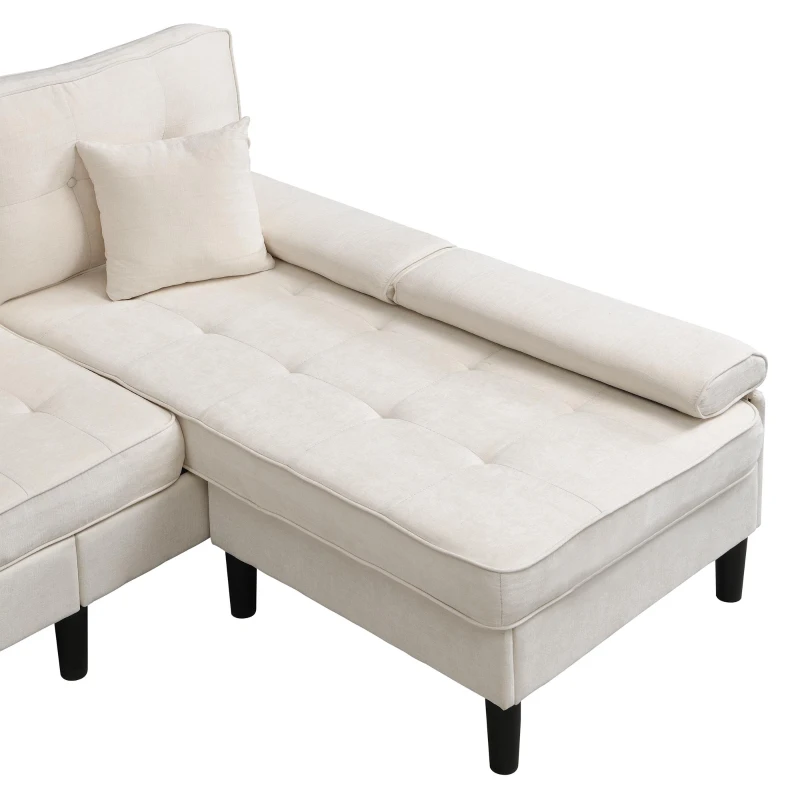 Divano angolare a L in chenille, pouf mobile, cuscini inclusi, 195x149x86 cm, Beige chiaro