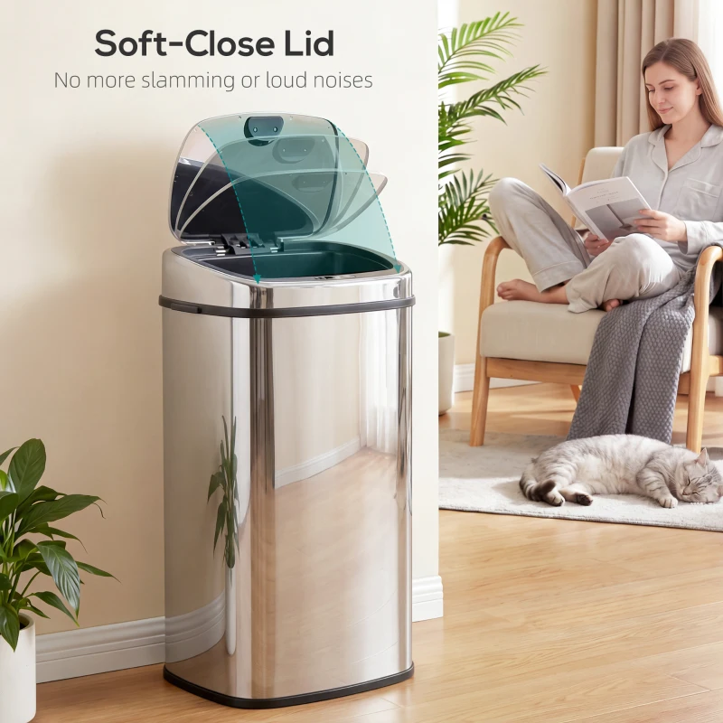 HOMCOM Kitchen Bin, 68L Stainless Steel Sensor Bin, Automatic Recycling Bins for Kitchen, Silver