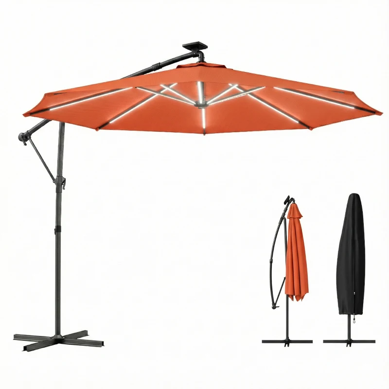 Outsunny 3 m Garden Cantilever Parasol with LED Solar Light, Round Overhanging Umbrella with 360° Rotation, Cover, Orange