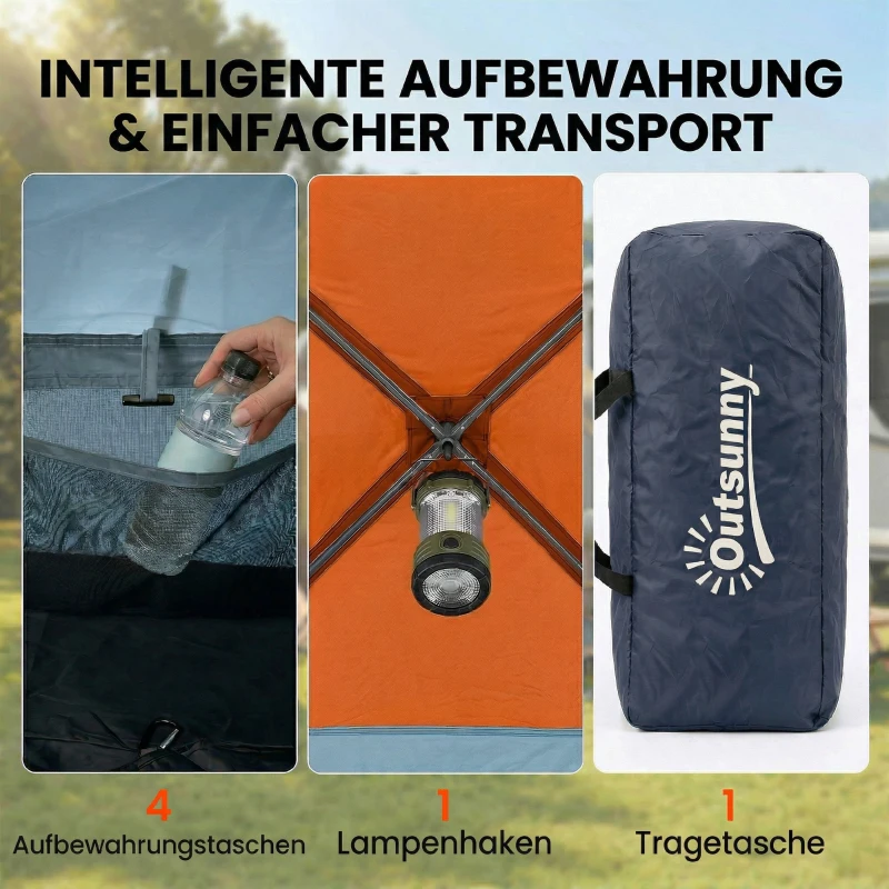 Outsunny Namiot tunelowy 4-osobowy namiot rodzinny z sypialnią i salonem okna dachowe folia podłogowa wysokość 3000 mm słupa wody