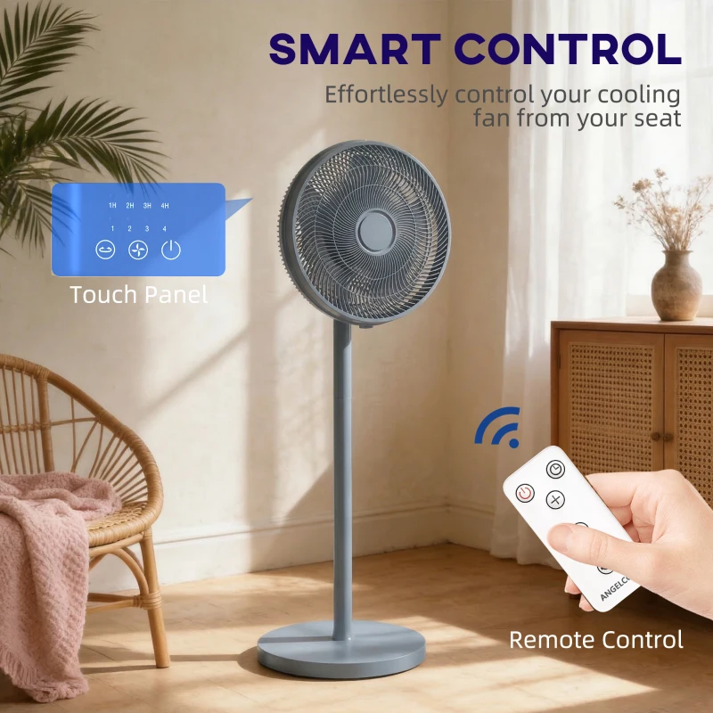 HOMCOM 40 cm Standing Fan, Cooling Floor Fan with 80° Oscillating, Adjustable Tilt and Height, 4 Speed, Remote Control, Grey