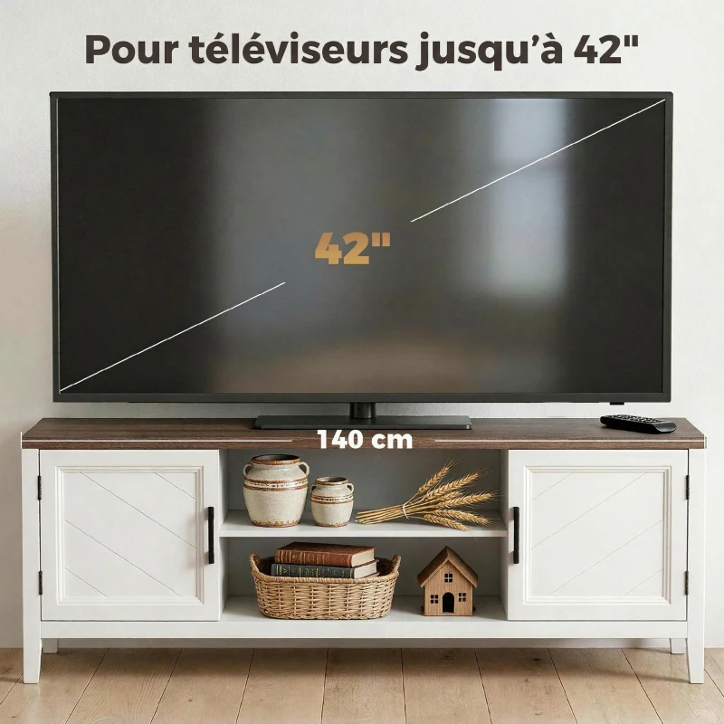 HOMCOM Meuble TV 140 cm, meuble télé pour téléviseur jusqu'à 42 pouces avec 2 portes, 2 compartiments ouverts, blanc et marron
