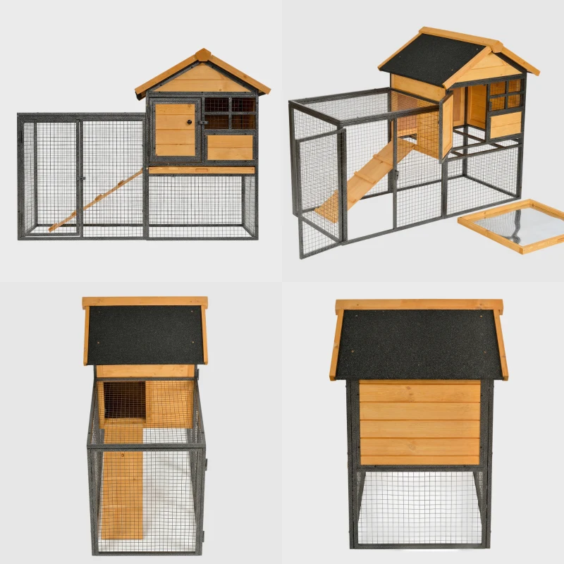 PawHut Cușcă pentru Iepuri și Rozătoare, Cu Căsuță, Rampă și Zonă Deschisă, 122×63×92 cm, Lemn + Metal,(m-14)