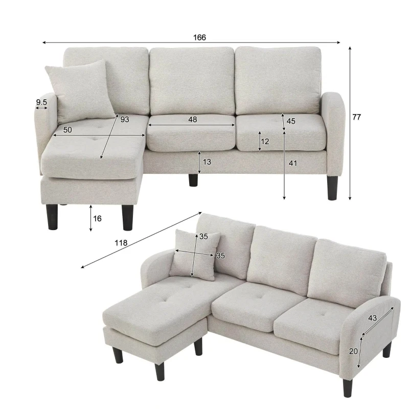 Divano angolare a forma di L con chaise longue, rivestimento in cotone-lino, cuscini inclusi, 166x118x77 cm, Grigio e bianco