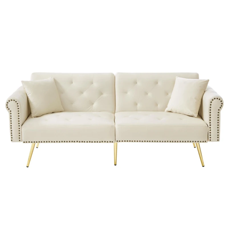 Divano letto 2 posti, rivestimento in velluto, piedi dorati, 173x75x70 cm, Beige