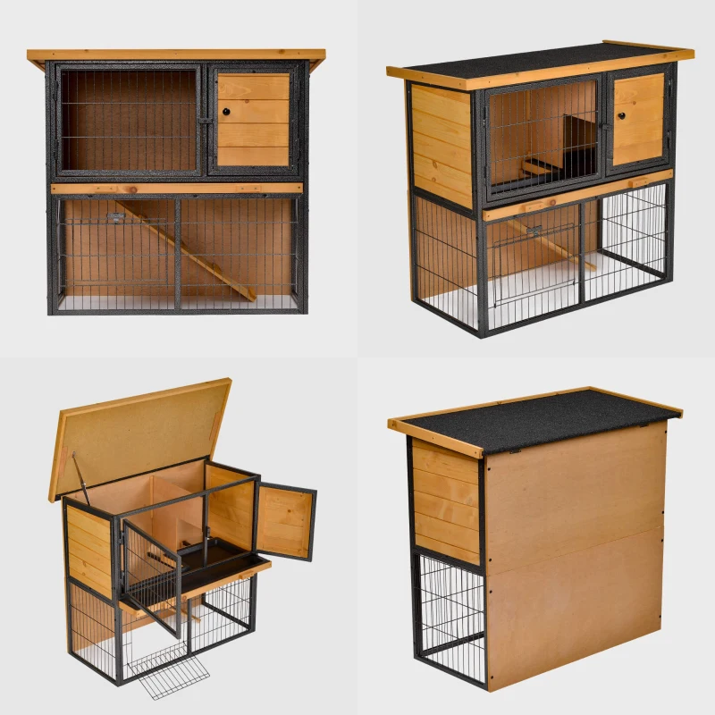 Pawhut Cusca Iepuri Exterior – Lemn & Metal, Cu Rampa & Spatiu Deschis