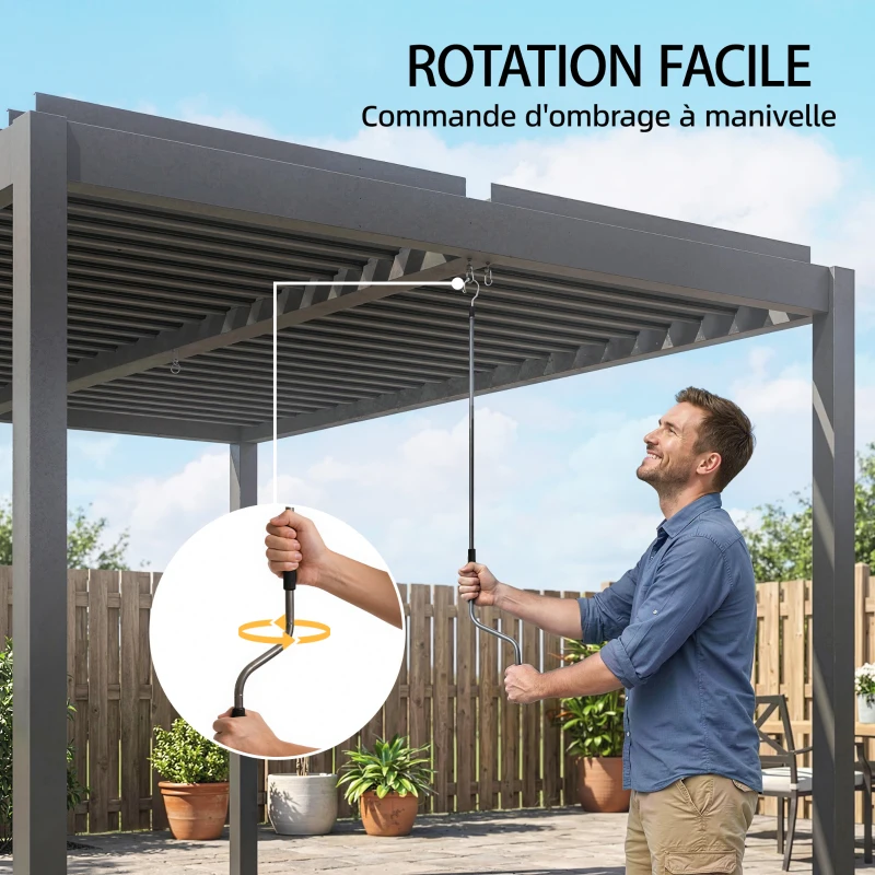 Outsunny Pergola bioclimatique 4x3m, pergola aluminium, lames orientables, manivelle, protection soleil, imperméable, gris foncé