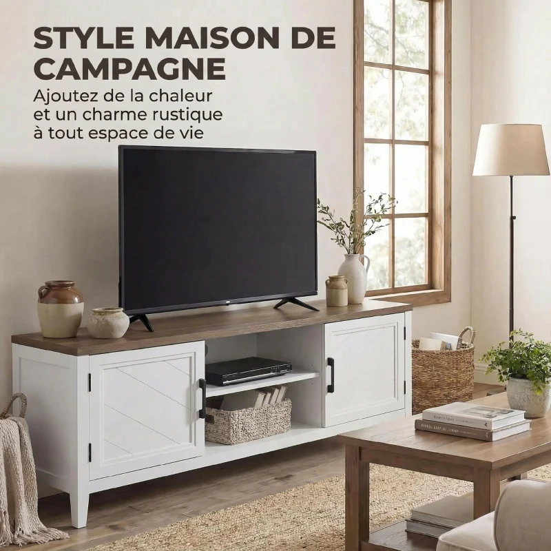 HOMCOM Meuble TV 140 cm, meuble télé pour téléviseur jusqu'à 42 pouces avec 2 portes, 2 compartiments ouverts, blanc et marron