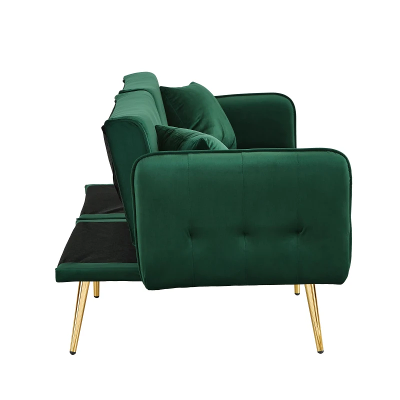 Divano-letto 2 posti, rivestimento in velluto, piedi dorati, 178x82x70 cm, Verde