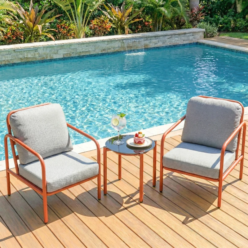 Outsunny 3-teiliges Garten-Set, 2 Sessel, 1 Beistelltisch, dicke Kissen, gehärtete Glasplatte, 63x77x76cm, Weinrot