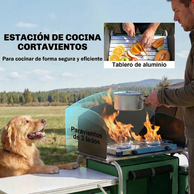 Outsunny Mueble de Cocina para Camping Plegable con 3 Mesas 4 Ganchos Poste de Luz y Bolsa de Transporte 172x48x130 cm Verde