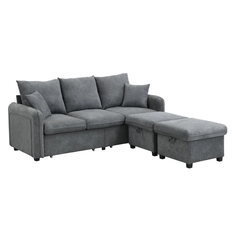 Divano angolare a U, con vano contenitore, pouf incluso, rivestimento in chenille, 188x186x86 cm, Grigio scuro