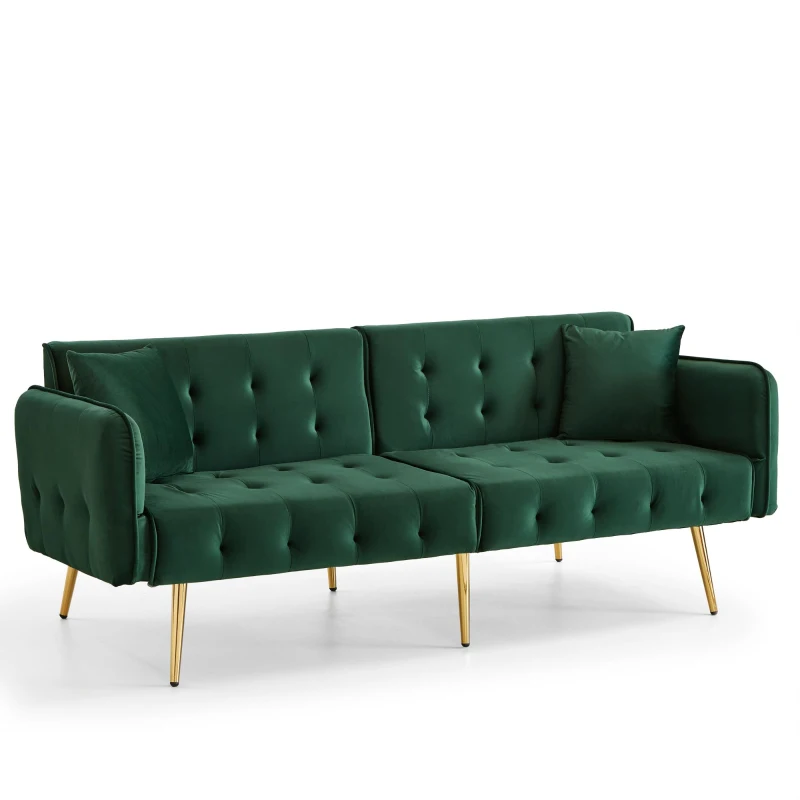 Divano-letto 2 posti, rivestimento in velluto, piedi dorati, 178x82x70 cm, Verde