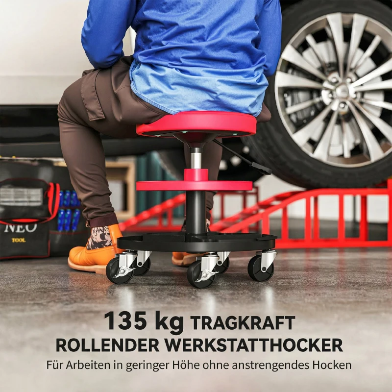 HOMCOM Werkstatthocker mit Rollen Tabletts höhenverstellbar 40-51cm Rollhocker bis 135 kg belastbar Rot