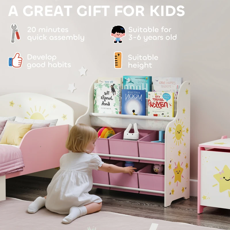 AIYAPLAY Kids Storage Unit, Toy Organiser with 6 Fabric Drawers and 2-Tier Sling Book Rack for Bedroom, Playroom, Nursery, Pink