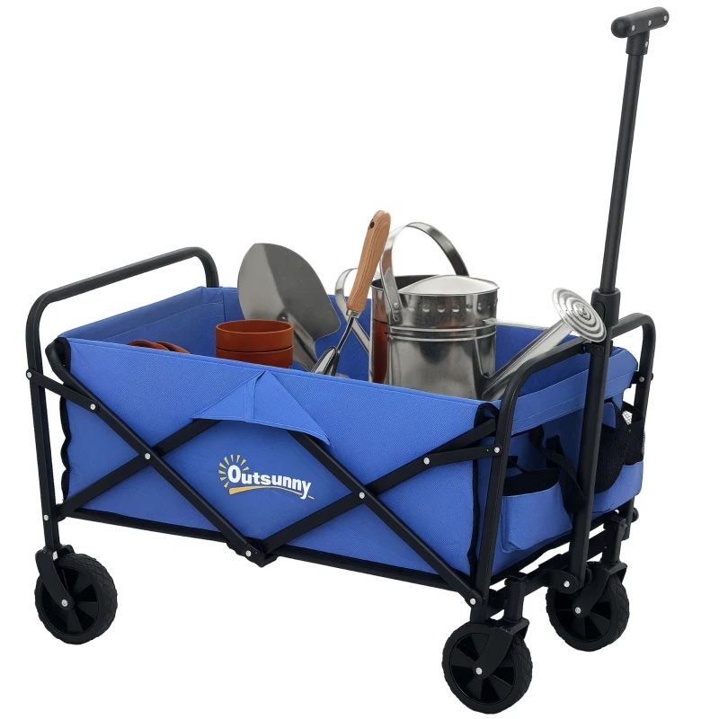 Outsunny Cărucior de Grădină de 62L cu Roți Universale, Cărucior Pliabil din Metal și Material Oxford cu Geantă și Mâner Reglabil, 76x48x86 cm, Albastru