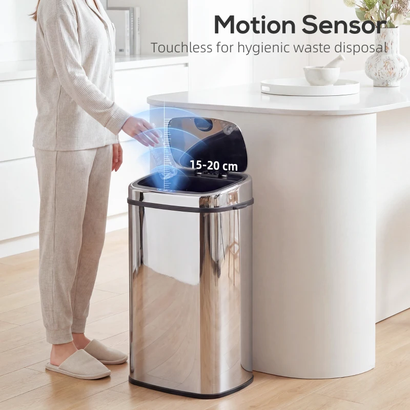 HOMCOM 68L Automatic Sensor Bin, Touchless Stainless Steel Kitchen Rubbish Bin, Hands-Free Infrared Waste Dustbin, Motion Trash Can with Manual Button for Home Office, Silver