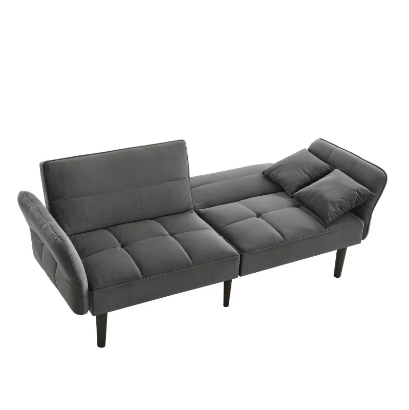 Divano-letto 2-in-1, schienali regolabili, rivestimento in velluto, gambe in legno, 176x78x76 cm, Grigio