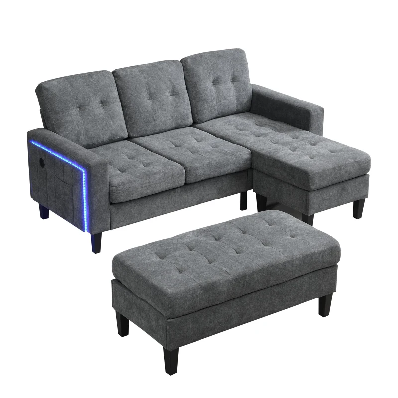 Divano a forma di L, rivestimento in chenille, LED & USB, 185x135x85 cm, Grigio