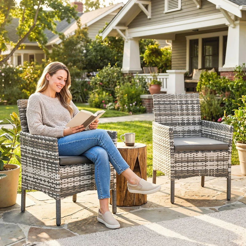 Outsunny 2er Set Gartenstuhl Polyrattan Gartenmöbel mit 2 Sessel Abnehmbaren Kissen Stahlrahmen Grau