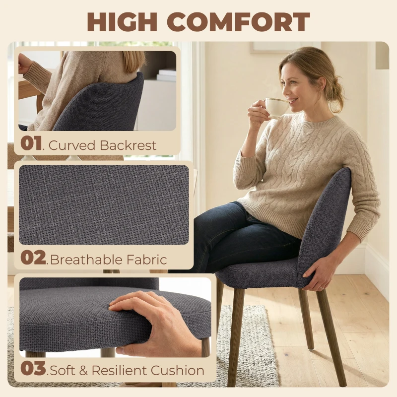 HOMCOM Dining Chairs Set of 2, Linen Upholstered Kitchen Chairs with Padded Seat, Curved Backrest, Rubberwood Legs, Dark Grey
