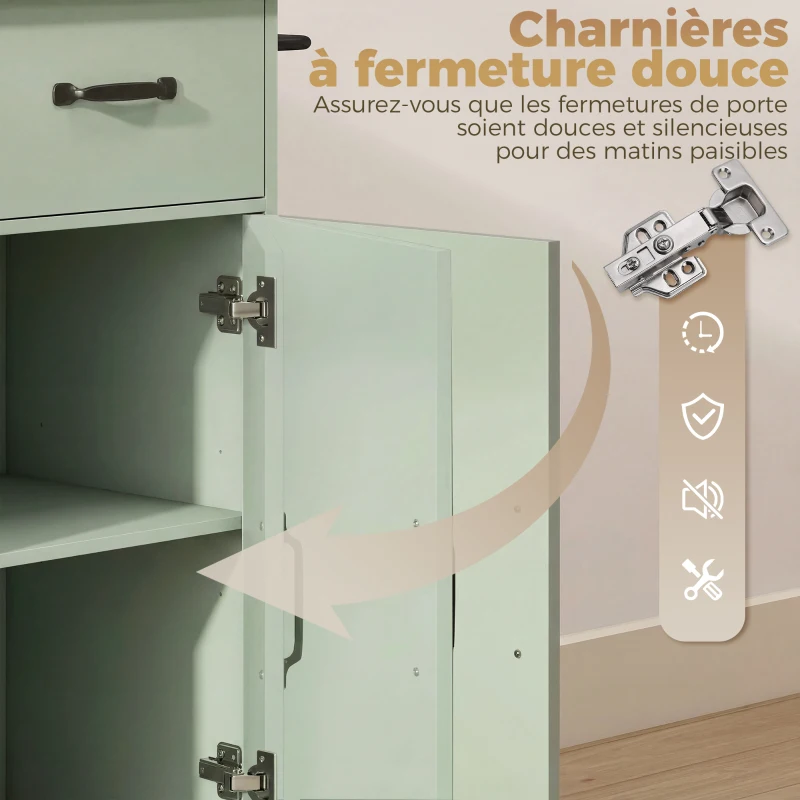 HOMCOM Desserte de cuisine à roulettes, îlot central cuisine avec tiroir, porte, compartiments ouverts et porte-épices, vert