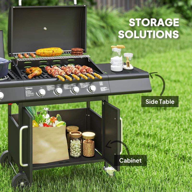 Grill gazowy 15,2 kW, 5 palników ze stali, kółka, boczny palnik