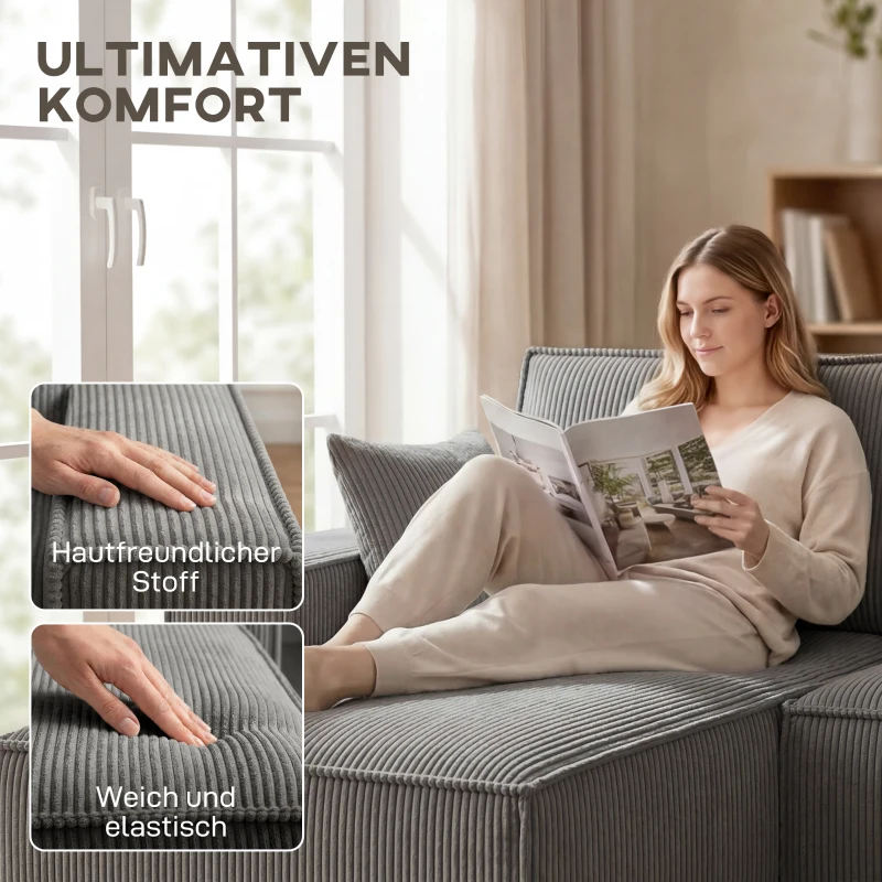 HOMCOM Hoekbank met dubbele chaise longues, U-vormige bank van cordstof met brede en diepe zit, zakveren, lichtgrijs