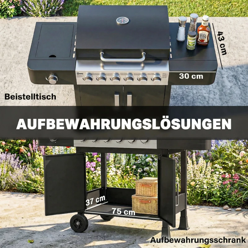 Outsunny Gasbarbecue 17,8 kW 6+1 branders BBQ grillwagen van roestvrij staal incl. wielen zijbrander thermometer emaille grillrooster