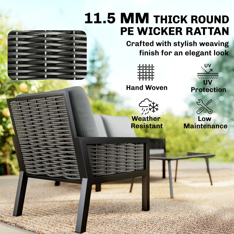 Outsunny 4 Seater Rattan Garden Furniture Set with 2 Armchairs, Loveseat, Coffee Table, Garden Sofa Set with Cushions, Dark Grey