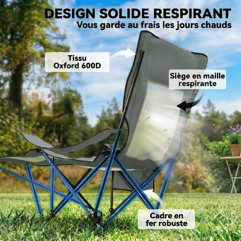 Outsunny Lot de 2 Chaises de Camping Pliante Inclinable 4 Positions, Repose-Pieds Amovible, Porte-Gobelet, 165x80x90cm, Gris