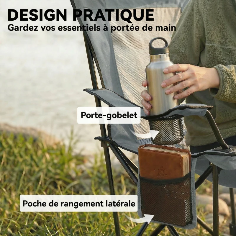 Outsunny Lot de 2 Chaises de Camping Pliante Inclinable 4 Positions, Repose-Pieds Amovible, Porte-Gobelet, 165x80x90cm, Gris