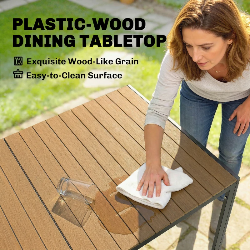 Outsunny 7-częściowy zestaw mebli ogrodowych, zestaw jadalniany z 1 stołem, 6 krzesłami, poduszkami, na taras, imitacja drewna