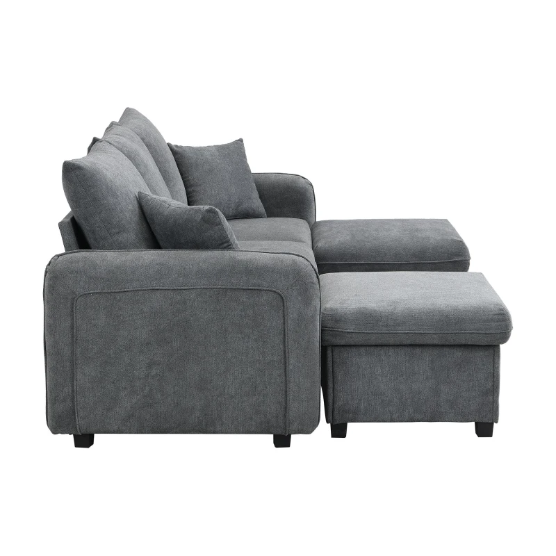Divano angolare a U, con vano contenitore, pouf incluso, rivestimento in chenille, 188x186x86 cm, Grigio scuro