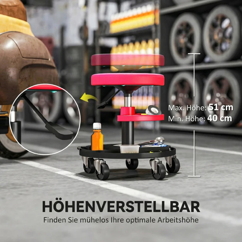 HOMCOM Werkstatthocker mit Rollen Tabletts höhenverstellbar 40-51cm Rollhocker bis 135 kg belastbar Rot