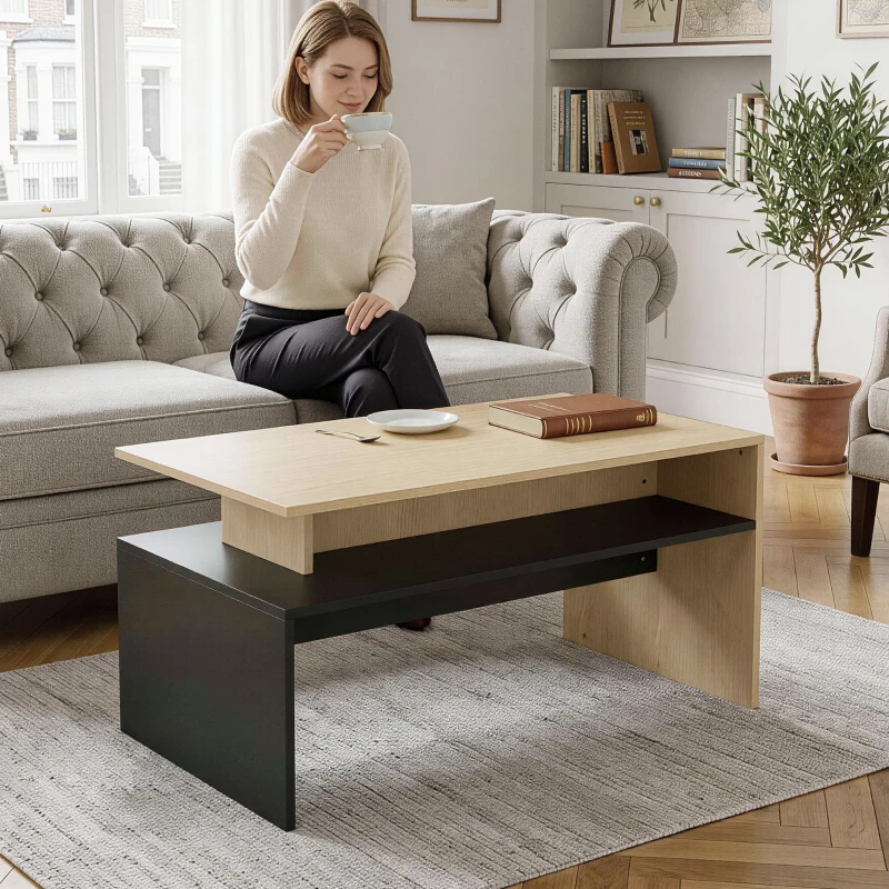 HOMCOM Moderner zweifarbiger Couchtisch mit versetzten Ebenen und Ablagefach, 95 x 55 x 50 cm, Naturholz und Schwarz