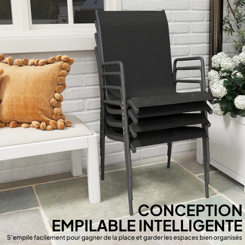 Outsunny Lot de 4 Chaises de Jardin Extérieures, Chaise de Salle à Manger Empilables avec Accoudoirs et Dossier Haut, Noir
